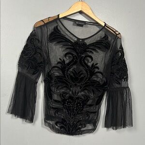 Stunning mesh velvet embroidered black top from INC international concepts